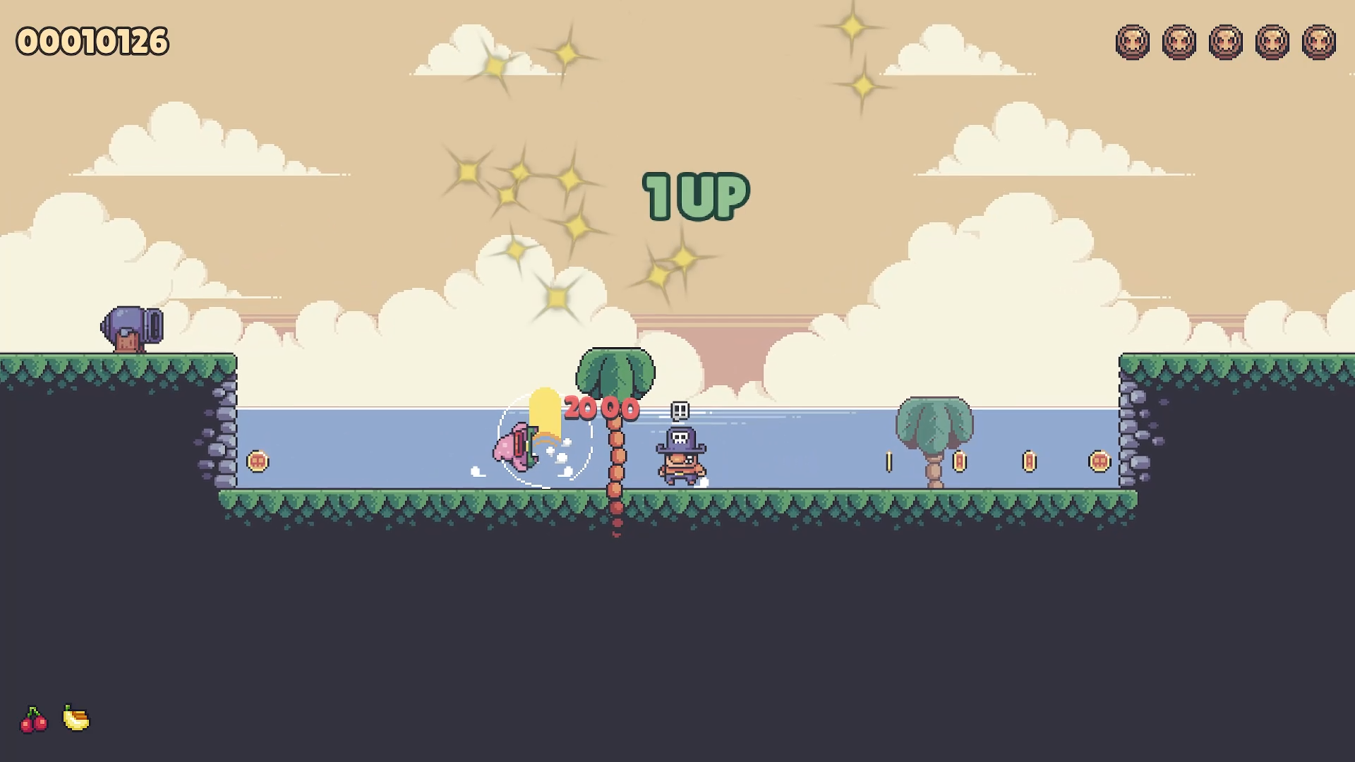 Pirate Moku gameplay, defeating a starfish enemy for a 1UP